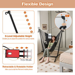 Costway Hammock Chair With Stand Height Adjustable Hanging Chair W/ Phone Holder & Pillow - thumbnail 6