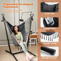 Costway Hammock Chair With Stand Height Adjustable Hanging Chair W/ Phone Holder & Pillow - thumbnail 4
