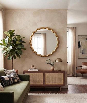 Biznest Round Wavy Gold Edges Style Wall Hanging Mirror Plastic Framed Playful Home Furniture Decor Large Display 49.5X49.5X2.5Cm - image 1