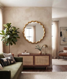 Biznest Round Wavy Gold Edges Style Wall Hanging Mirror Plastic Framed Playful Home Furniture Decor Large Display 49.5X49.5X2.5Cm - thumbnail 1