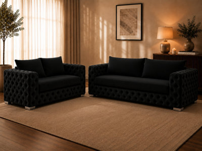Ashton Chesterfield Sofa Black 3 Plus 2 Set