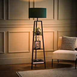 Valuelights Hiru Black 3 Tier Shelf Floor Lamp With Green Drum Shade - thumbnail 2