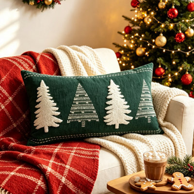 Amorly Green White Christmas Tree Embroidered Lumbar Throw Pillow Cover 30X50Cm Rectangular Cushion Case Without Insert - image 1