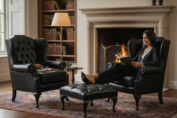 Chesterfield 2 X Wing Chairs + Footstool Old English Black Leather In Mallory Style - thumbnail 3