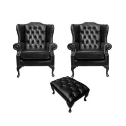 Chesterfield 2 X Wing Chairs + Footstool Old English Black Leather In Mallory Style - thumbnail 1