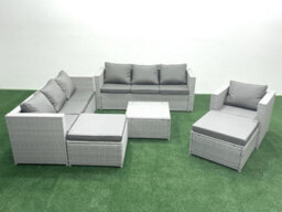 Fimous Wicker Pe Rattan Sofa Garden Furniture Set Armchair Square Coffee Table 2 Big Stools Light Grey - thumbnail 1