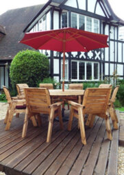 Charles Taylor 8 Seater Wooden Round Garden Dining Table & Chairs Parasol Red - thumbnail 4