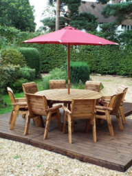 Charles Taylor 8 Seater Wooden Round Garden Dining Table & Chairs Parasol Red