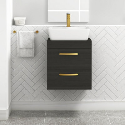 Royal Bathrooms 500mm Wall Hung Vanity Unit 2 Drawer Hale Black & Cube Countertop Basin With Brushed Brass Handle - image 1