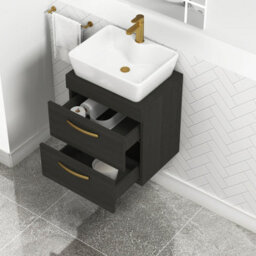 Royal Bathrooms 500mm Wall Hung Vanity Unit 2 Drawer Hale Black & Cube Countertop Basin With Brushed Brass Handle - thumbnail 3