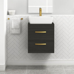 Royal Bathrooms 500mm Wall Hung Vanity Unit 2 Drawer Hale Black & Cube Countertop Basin With Brushed Brass Handle - thumbnail 1