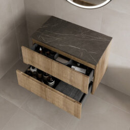 Affine 800mm Bathroom Vanity Unit Grey Marble Countertop Wall Hung Fluted Oak Unit - thumbnail 3
