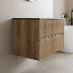 Affine 800mm Bathroom Vanity Unit Grey Marble Countertop Wall Hung Fluted Oak Unit - thumbnail 2