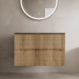 Affine 800mm Bathroom Vanity Unit Grey Marble Countertop Wall Hung Fluted Oak Unit - thumbnail 1