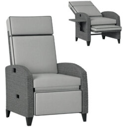 Outsunny Garden Recliner W/ Cushion, Reclining Rattan Chair, Light Grey/grey - thumbnail 2
