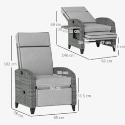 Outsunny Garden Recliner W/ Cushion, Reclining Rattan Chair, Light Grey/grey - thumbnail 3