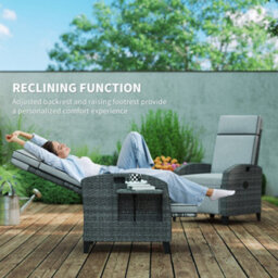 Outsunny Garden Recliner W/ Cushion, Reclining Rattan Chair, Light Grey/grey - thumbnail 4