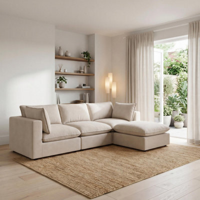 Furniturebox Uk Echo Cream Linen-Look Fabric 3 Seater Modular Chaise Sofa - image 1