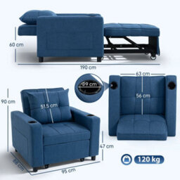 Wyld Haus Norapa Fabric Dark Blue 3-In-1 Convertible Single Sofa Bed - Armchair Recliner Bed - thumbnail 3