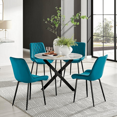 Furniturebox Uk Novara White Marble Black Leg Round Dining Table & 4 Blue Pesaro Black Leg Chairs - image 1