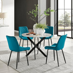 Furniturebox Uk Novara White Marble Black Leg Round Dining Table & 4 Blue Pesaro Black Leg Chairs