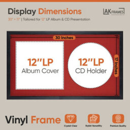 "30X17"" Black Classic Vinyl Record Frame With Crimson Mount For 12 Inch Lp Album Cover & Disc - Ak Frames" - thumbnail 2
