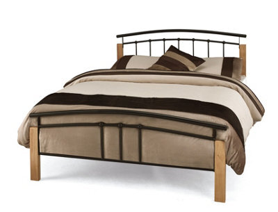 Save On Goods UK 5Ft King Size Black Metal Tubular Bed Frame, Beech Wood Finish Corner Posts.strong Sturdy Frame Bedstead Base. - image 1