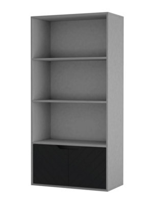 Urbnliving 4 Tier Grey Wooden Bookcase Cupboard With 2 Black Line Doors Storage Shelving Display Cabinet - image 1