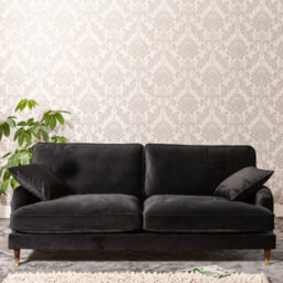 Mackenzie 207Cm Wide Ebony Black 4 Seat Velvet Fabric Sofa With Brass Coloured Wheel Tipped Walnut Coloured Wooden Legs