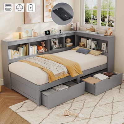 Matteo Single L-Shape Wooden Daybed With Charging Station And Storage Drawers - Grey - image 1