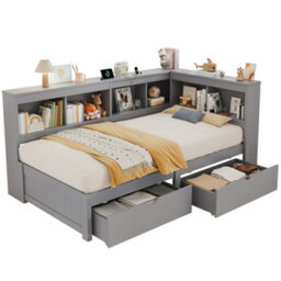 Matteo Single L-Shape Wooden Daybed With Charging Station And Storage Drawers - Grey - thumbnail 9