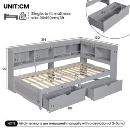 Matteo Single L-Shape Wooden Daybed With Charging Station And Storage Drawers - Grey - thumbnail 8