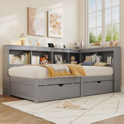 Matteo Single L-Shape Wooden Daybed With Charging Station And Storage Drawers - Grey - thumbnail 5