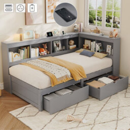 Matteo Single L-Shape Wooden Daybed With Charging Station And Storage Drawers - Grey - thumbnail 1