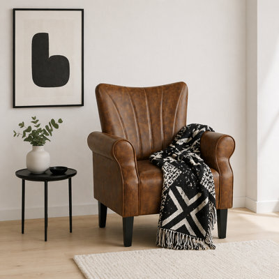 Wyld Haus Vafi Brown Faux Leather Mid-Century Accent Armchair With Rolled Arms And Wooden Legs - image 1