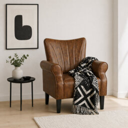 Wyld Haus Vafi Brown Faux Leather Mid-Century Accent Armchair With Rolled Arms And Wooden Legs - thumbnail 1