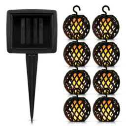 8Pc Solar Rattan Ball Flame Effect Led String Hanging Lights - No Wires Or Cables Are Needed - Auto Light Control