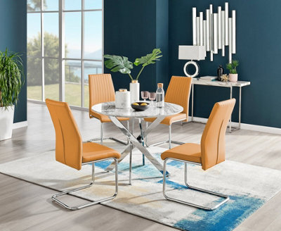 Furniturebox Novara White Marble Effect 100Cm Round Dining Table With Chrome Legs & 4 Mustard Faux Leather Lorenzo Chairs - image 1