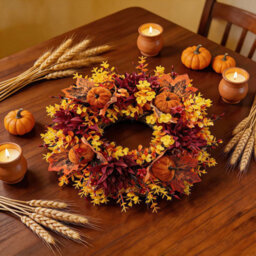 Amorly 45Cm Autumn Artificial Wreath Maple Leaves Pumpkin Flower Garland Fall Wreaths For Halloween Autumn Door Decoration - thumbnail 2