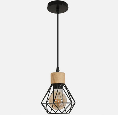 Pendant Light 1 Way Modern Industrial With Metal Cage & Wood Detail - image 1