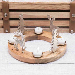 Annibells Silver Stag & Christmas Tree Ring Tealight Holder Wooden Base  (11360)