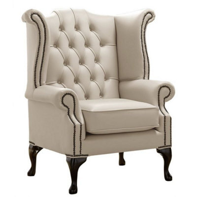 Chesterfield High Back Wing Chair Shelly Beige Leather Bespoke In Queen Anne Style - image 1