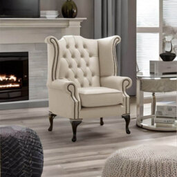 Chesterfield High Back Wing Chair Shelly Beige Leather Bespoke In Queen Anne Style - thumbnail 3