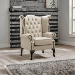 Chesterfield High Back Wing Chair Shelly Beige Leather Bespoke In Queen Anne Style - thumbnail 2