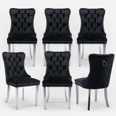 HomeTouch Set Of 6 Lux Velvet Dining Chairs With Steel Legs And Pull Knocker Ring Back Tufted Kitchen Chairs Home Office Accent Chairs Black - image 1