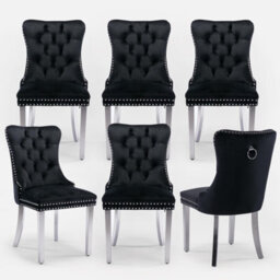 HomeTouch Set Of 6 Lux Velvet Dining Chairs With Steel Legs And Pull Knocker Ring Back Tufted Kitchen Chairs Home Office Accent Chairs Black