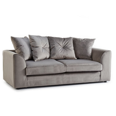 Furnishings For Less UK Fernando Soft Plush Velvet Fabric 3 Seater Sofa Grey - Scatter Back
