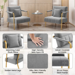 Yaheetech Light Grey Velvet Accent Armchair With Cozy Pillow And Gold Metal Frame - thumbnail 5