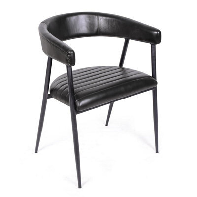 Genuine Black Leather Dining Chair With Black Metal Frame  Ribbed Seat And Curved Back With 47 Cm Seat Height - image 1