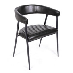 Genuine Black Leather Dining Chair With Black Metal Frame  Ribbed Seat And Curved Back With 47 Cm Seat Height - thumbnail 1